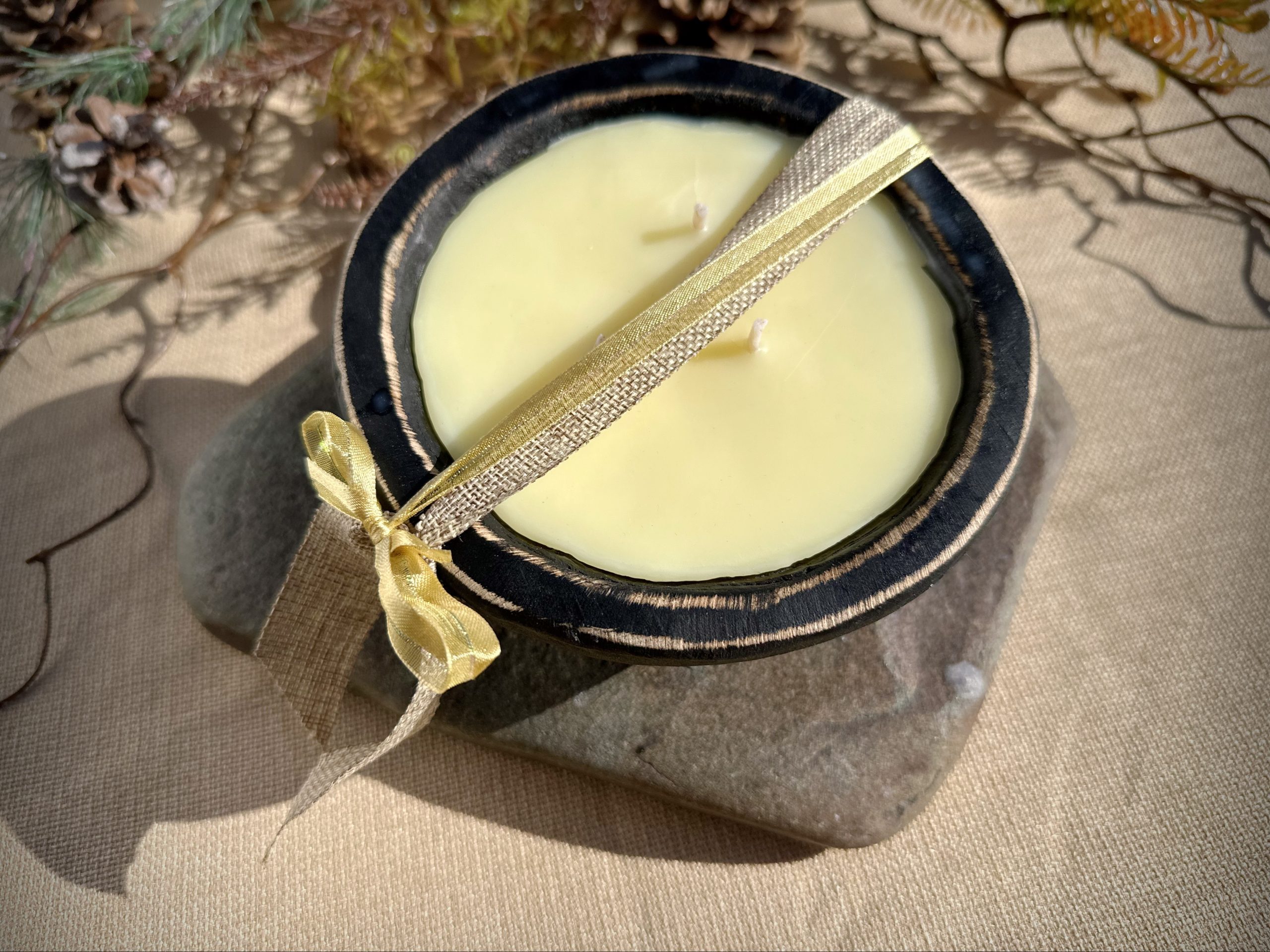 Mosquito Repelling Candles Rustic Black Wood Bowl Lemon Verbena - Image 2