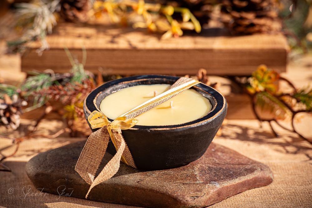 Mosquito Repelling Candles Rustic Black Wood Bowl Lemon Verbena - Image 1