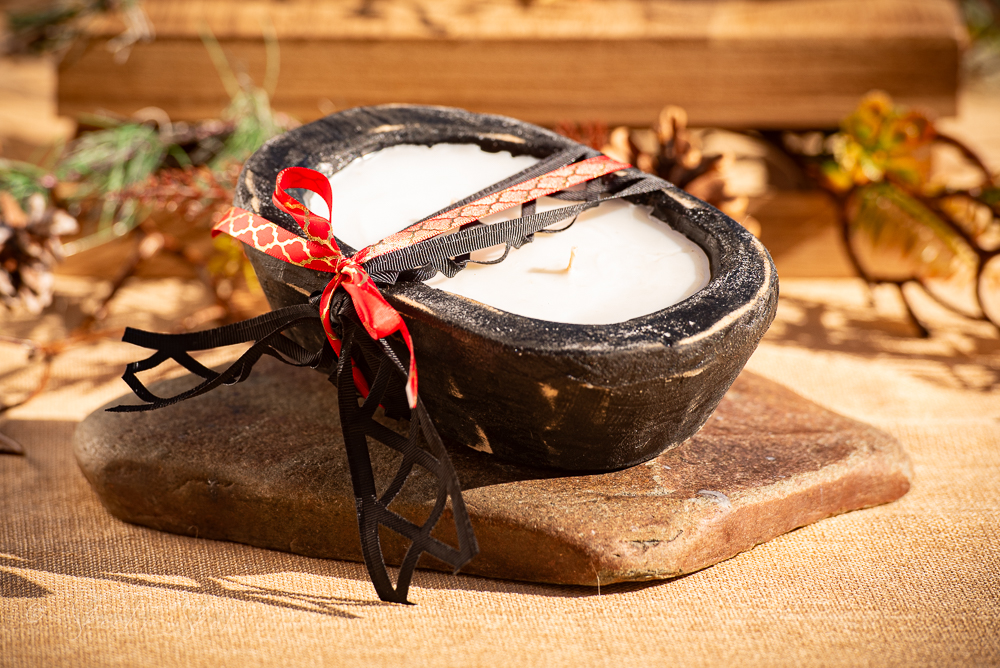Mosquito Repelling Candles Black Rustic Black Wood Bowl Lemon Verbena/Thyme - Image 1