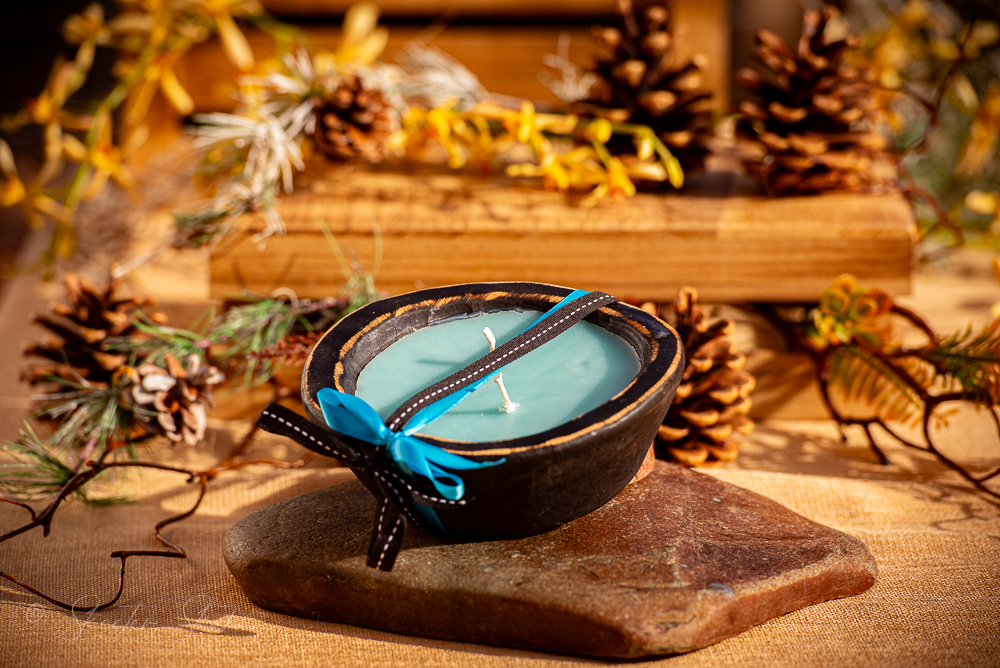 Mosquito Repelling Candles Rustic Black Wood Bowl Lavender/Pine - Image 2
