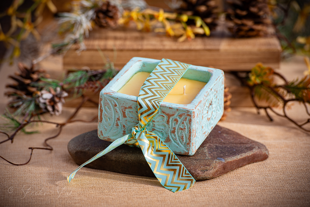 Mosquito Repelling Candles Ceramic Square Turquoise Embossed Bergamont/Ylang Ylang - Image 6